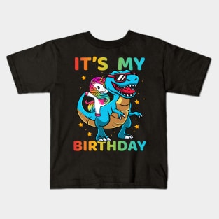 Its My Birthday Unicorn And Dinosaur T-Rex Lover Kids T-Shirt